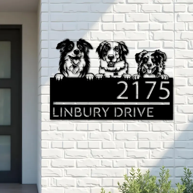 Custom Metal Australian shepherd dogs puppy Metal Address Sign House number Hanging Address Plaque Yard Sign Outdoor decor