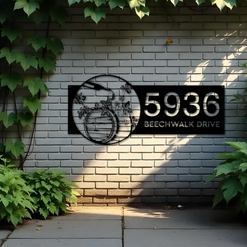 Custom Metal Wine barrel bottle grapes Metal Address Sign, House number, Outdoor Number Signage, Yard Sign Address Plate