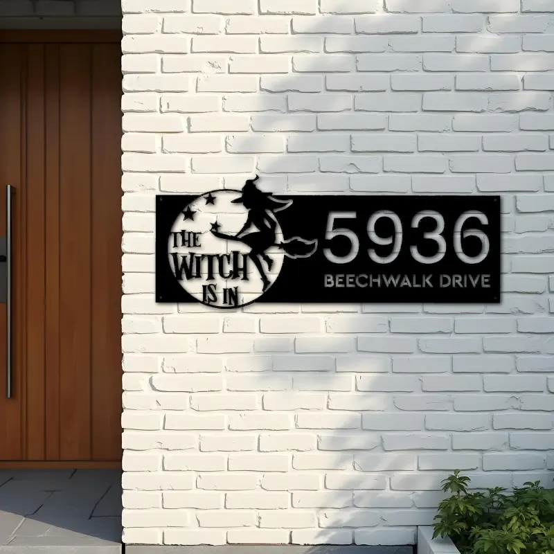 Custom Metal The witch is in halloween Metal Address Sign, House number, Outdoor Number Signage, Yard Sign Address Plate