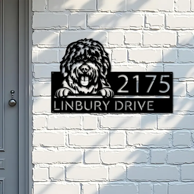 Custom Metal Bobtail dog cute puppy Metal Address Sign House number Hanging Address Plaque Yard Sign Outdoor decor