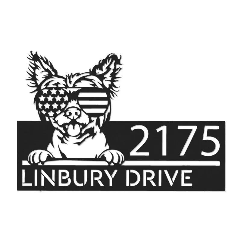 Custom Metal Chinese Crested dog US glasses Metal Address Sign House number Hanging Address Plaque Yard Sign Outdoor decor
