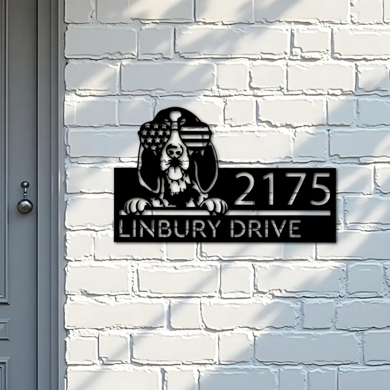 Custom Metal Bluetick coonhound dog US glasses Metal Address Sign House number Hanging Address Plaque Yard Sign Outdoor decor