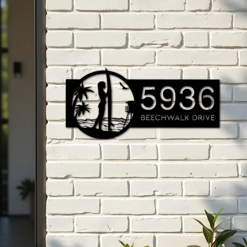 Custom Metal Longboard Female Surfer Metal Address Sign, House number, Outdoor Number Signage, Yard Sign Address Plate