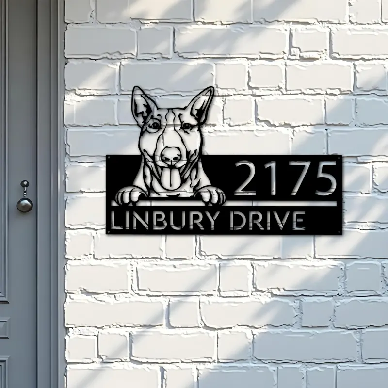 Custom Metal Bull Terrier dog cute puppy Metal Address Sign House number Hanging Address Plaque Yard Sign Outdoor decor