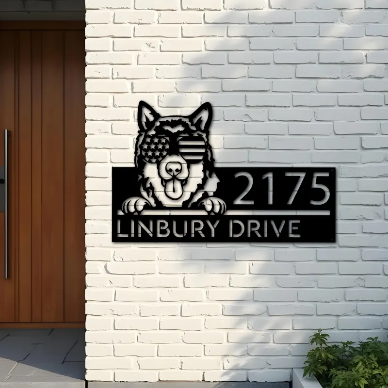 Custom Metal Alaskan Malamute dog US glasses Metal Address Sign House number Hanging Address Plaque Yard Sign Outdoor decor
