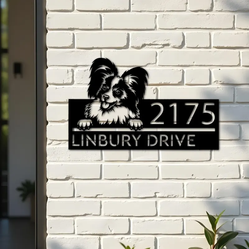 Custom Metal Papillon dog Puppy Metal Address Sign House number Hanging Address Plaque Yard Sign Outdoor decor