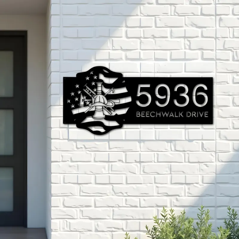 Custom Metal Fireman fire fighter department US flag Metal Address Sign House number Hanging Address Plaque Yard Sign Outdoor