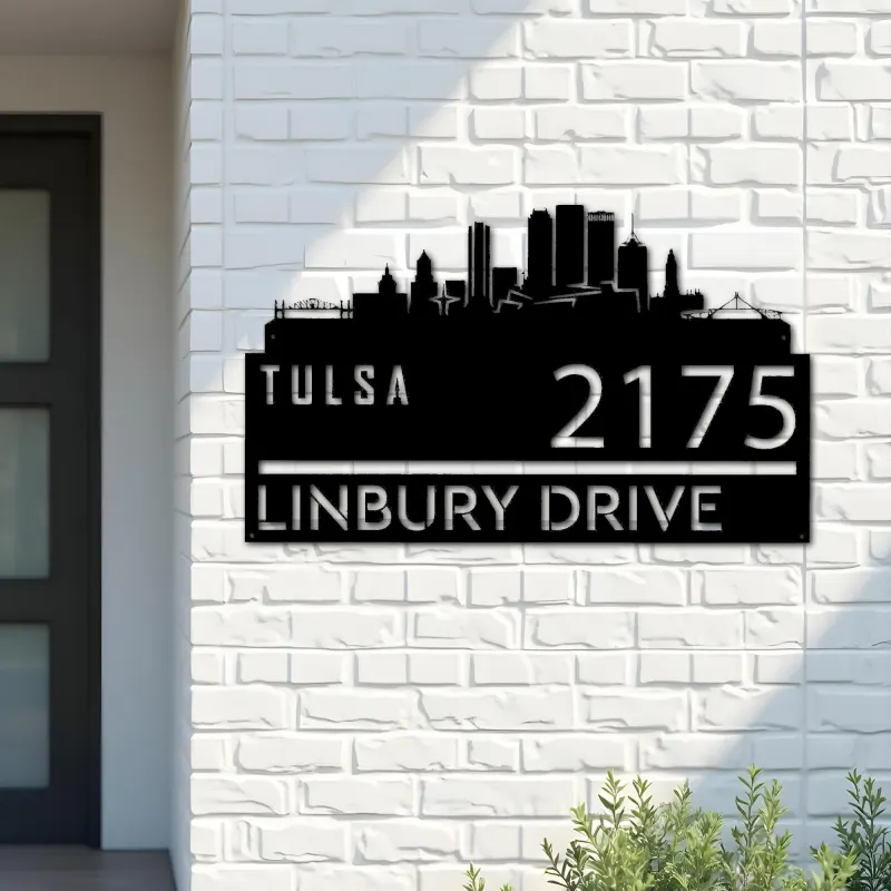Custom Metal Tulsa city skyline Metal Address Sign Hanging Address Plaque house number Yard Outdoor Sign