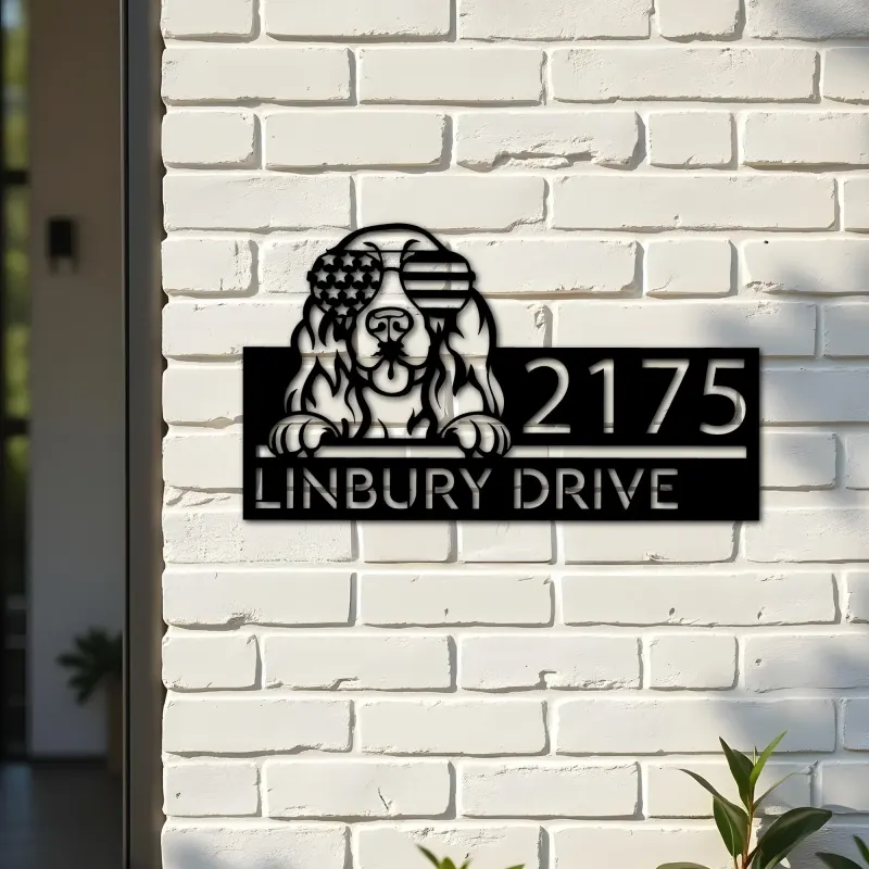 Custom Metal Cocker Spaniel dog US flag glasses Metal Address Sign House number Hanging Address Plaque Yard Sign Outdoor decor