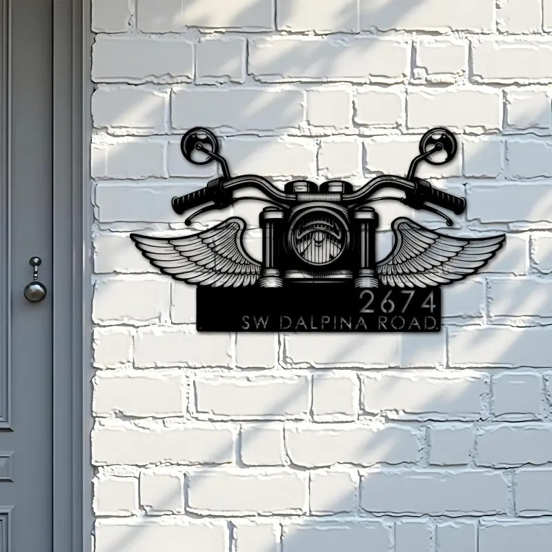 Custom Metal Biker Bike rider Motocycle with wings Metal Address Sign, House number, Outdoor Number Signage, Yard Sign Address Plate