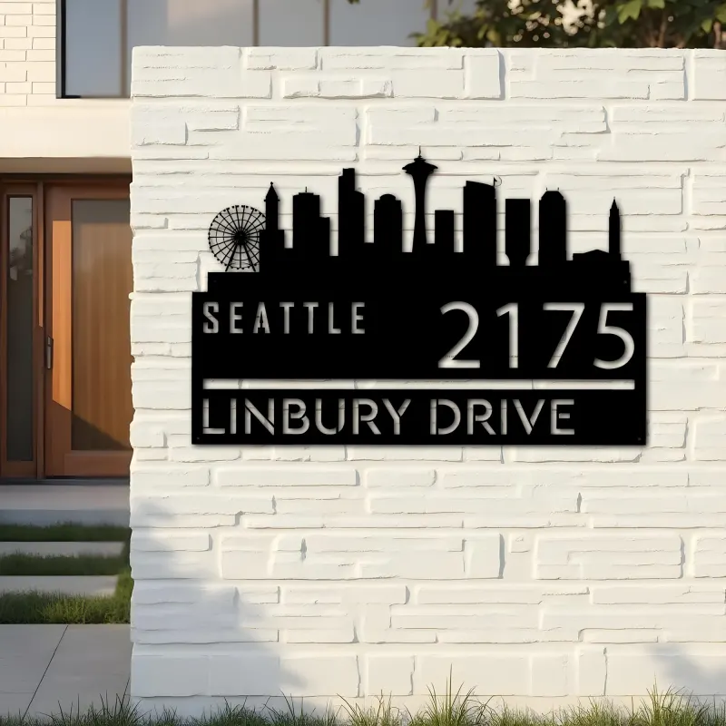Custom Metal Seattle city skyline Metal Address Sign Hanging Address Plaque house number Yard Outdoor Sign
