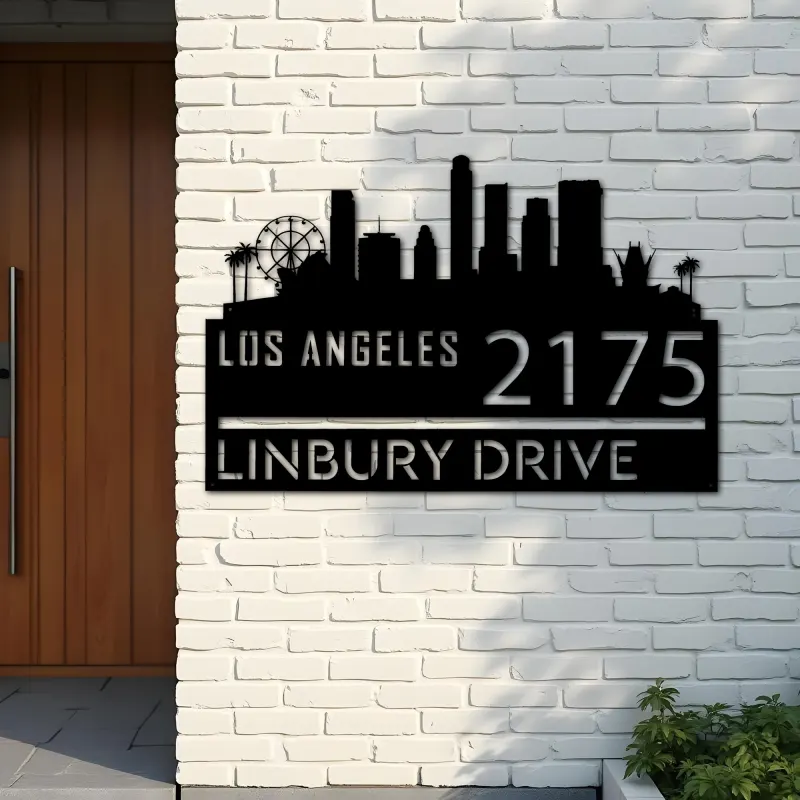 Custom Metal Los Angeles city skyline Metal Address Sign Hanging Address Plaque house number Yard Outdoor Sign