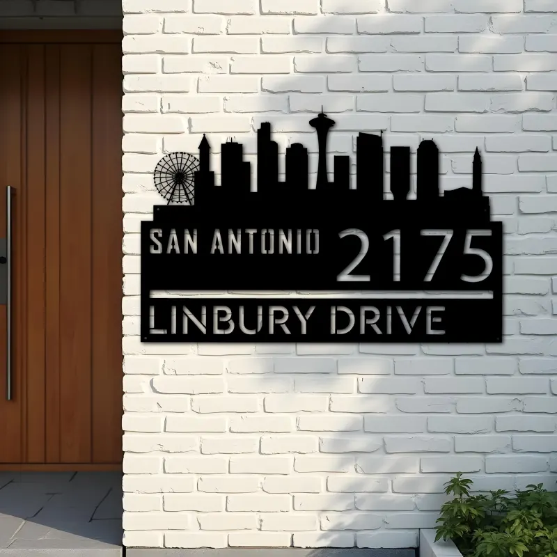 Custom Metal San Antonio city skyline Metal Address Sign Hanging Address Plaque house number Yard Outdoor Sign