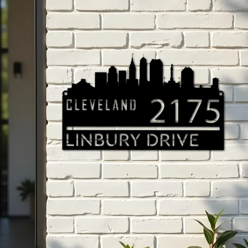 Custom Metal Cleveland city skyline Metal Address Sign Hanging Address Plaque house number Yard Outdoor Sign