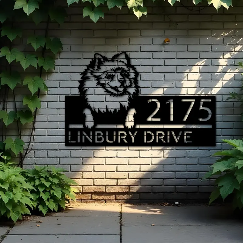 Custom Metal Pomeranian dog Puppy Metal Address Sign House number Hanging Address Plaque Yard Sign Outdoor decor