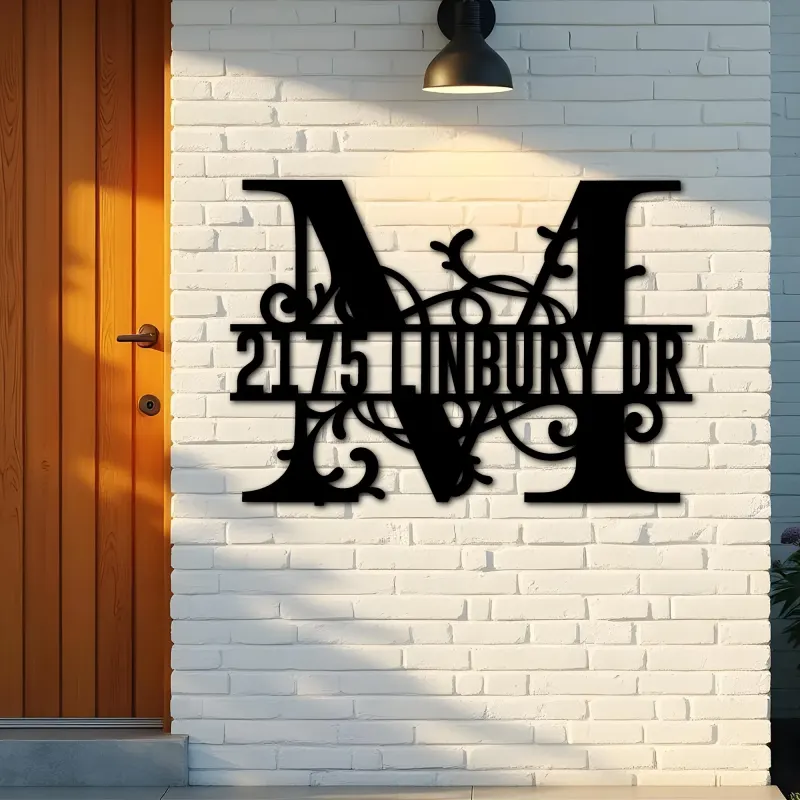 Custom Metal Floral Monogram Split Letter M Metal Address Sign House number Hanging Address Plaque Yard Sign Outdoor decor
