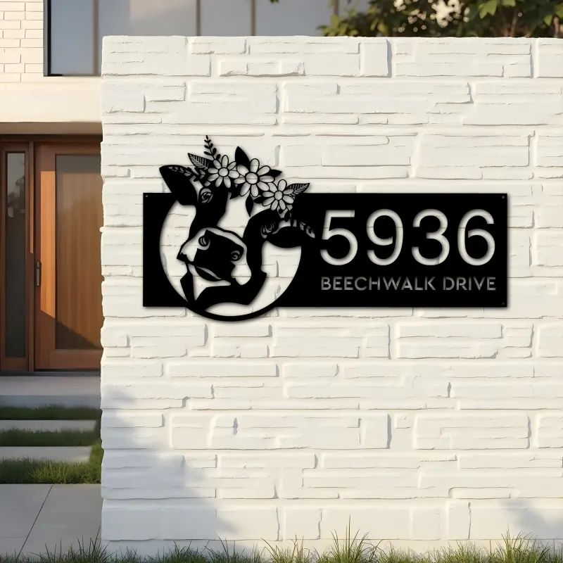 Custom Metal Floral Cow Ranch farmhouse farm animal Metal Address Sign, House number, Outdoor Number Signage, Yard Sign Address Plate