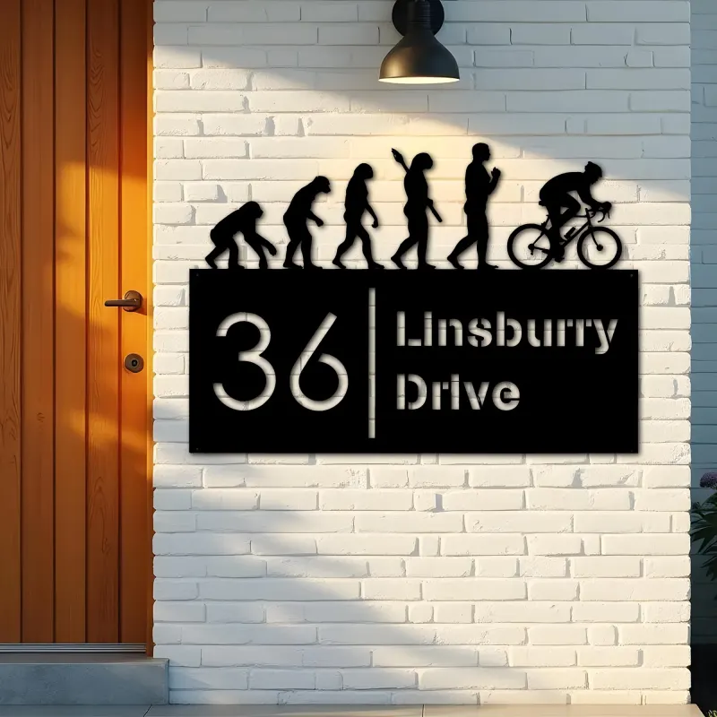 Custom Metal Cycling evolution Bicycle rider Metal Address Sign, House number, Outdoor Number Signage, Yard Sign Address Plate