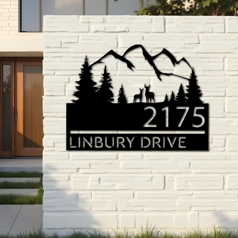 Custom Metal Deer couple mountain scene Metal Address Sign, House number, Outdoor Number Signage, Yard Sign Address Plate