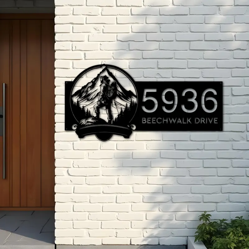 Custom Metal Mountain hiking Hiker camper Metal Address Sign, House number, Outdoor Number Signage, Yard Sign Address Plate