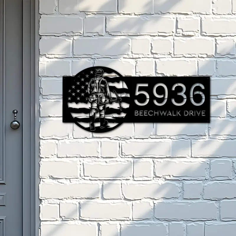 Custom Metal Coal miner on US flag Metal Address Sign, House number, Outdoor Number Signage, Yard Sign Address Plate
