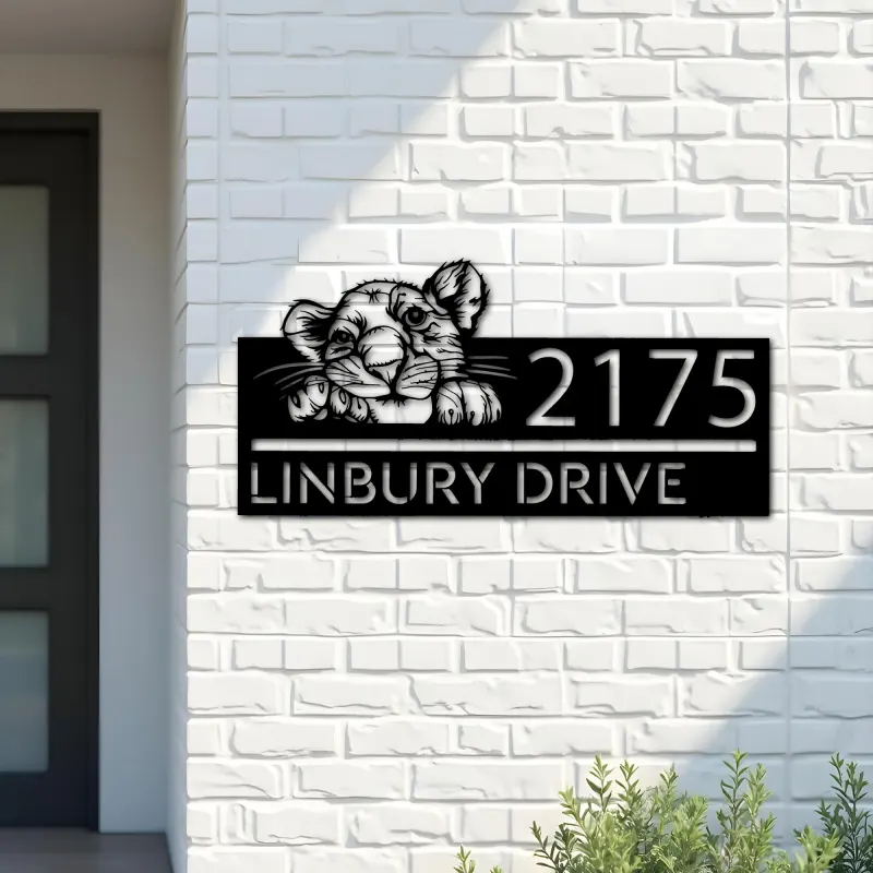 Custom Metal Peeking Lion Cub Wild animal wildlife Metal Address Sign, House number, Outdoor Number Signage, Yard Sign Address Plate