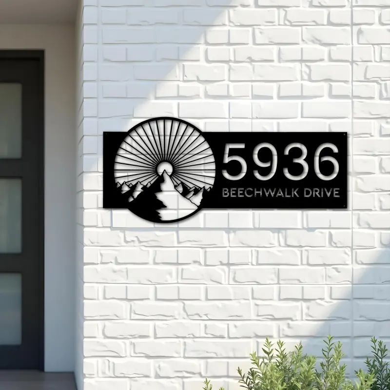 Custom Metal Mountain scene Metal Address Sign, House number, Outdoor Number Signage, Yard Sign Address Plate001