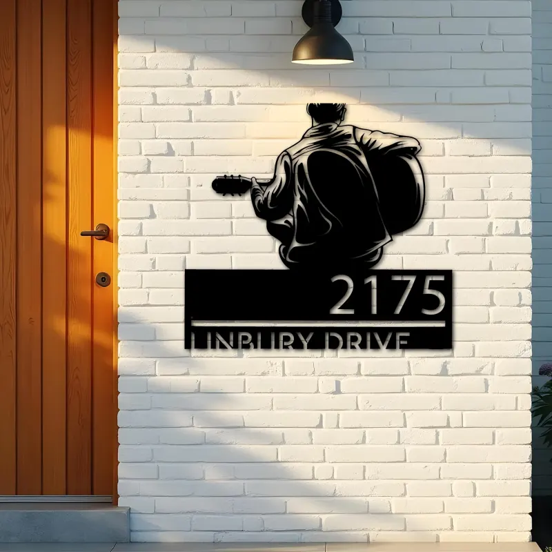 Custom Metal Man playing guitar guitarist Metal Address Sign, House number, Outdoor Number Signage, Yard Sign Address Plate