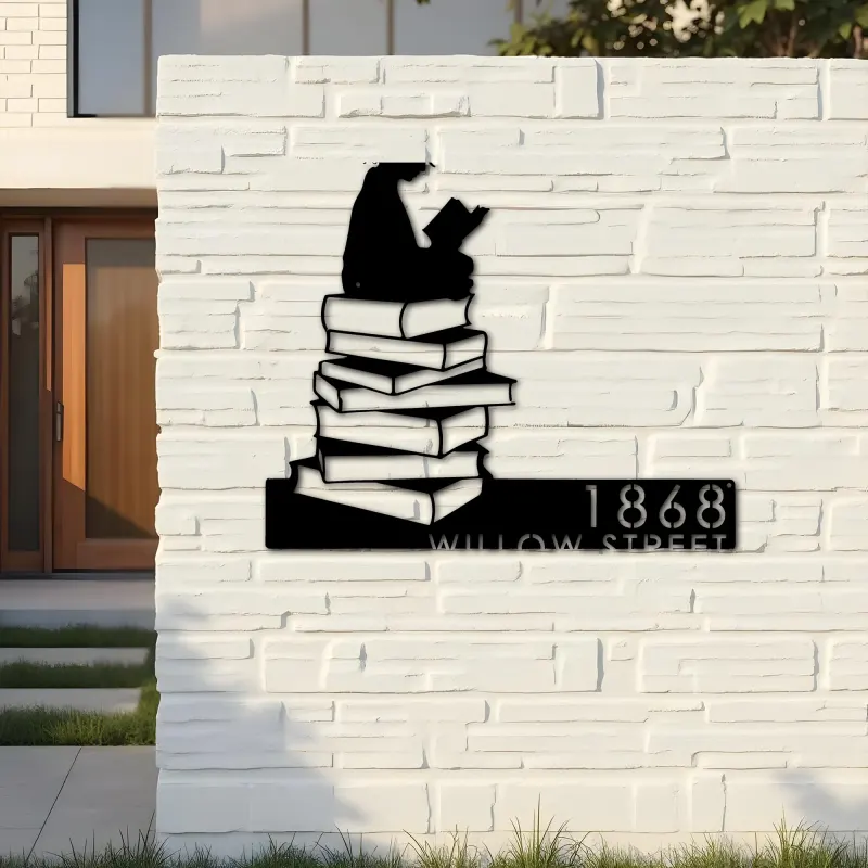 Custom Metal Girl Reading Book Book Lover Metal Address Sign, House number, Outdoor Number Signage, Yard Sign Address Plate