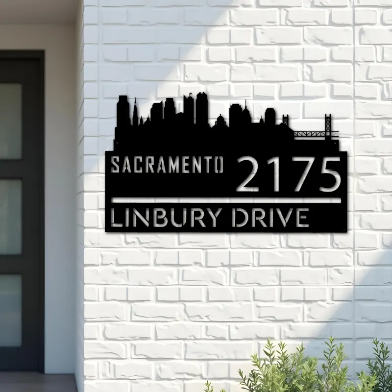 Custom Metal Sacramento city skyline Metal Address Sign Hanging Address Plaque house number Yard Outdoor Sign