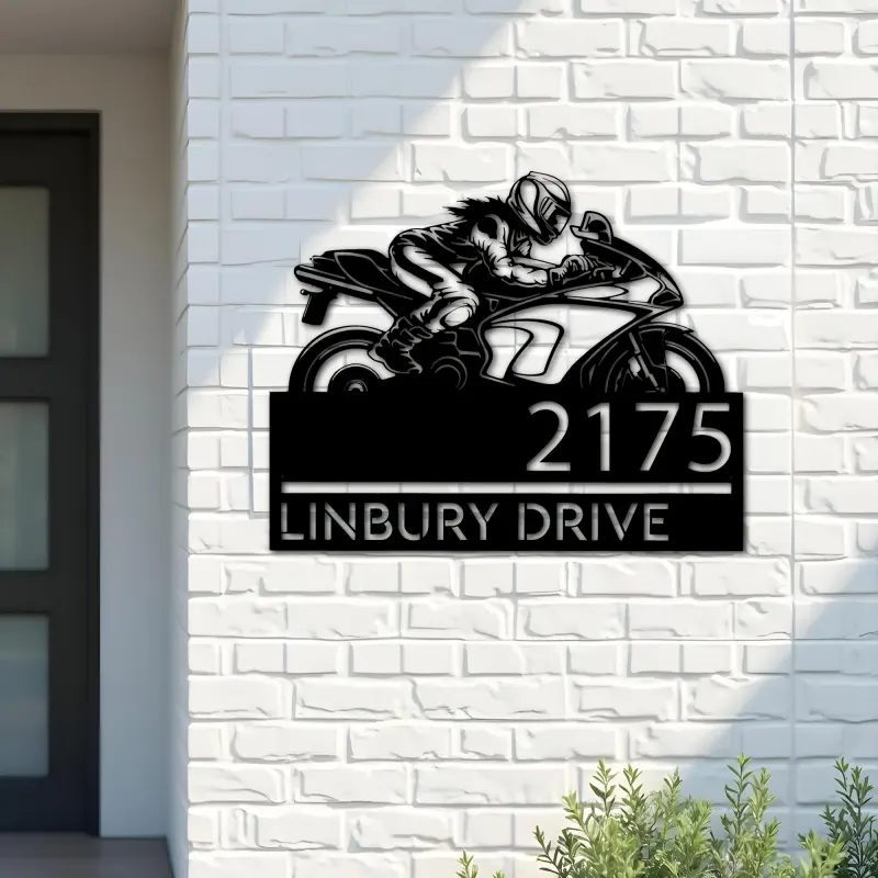 Custom Metal Female biker Metal Address Sign, House number, Outdoor Number Signage, Yard Sign Address Plate