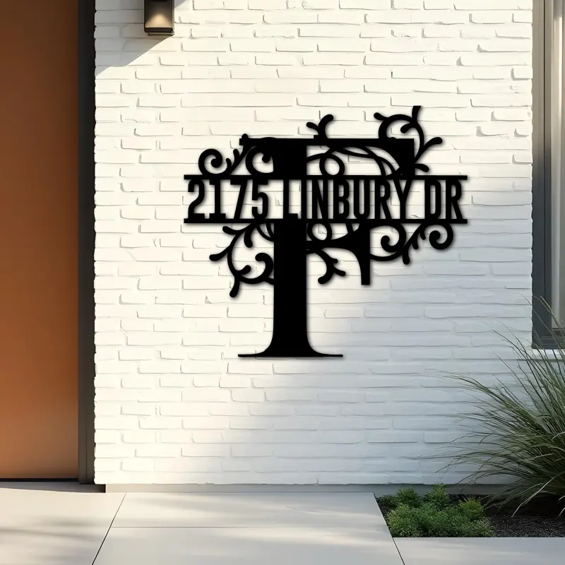 Custom Metal Floral Monogram Split Letter F Metal Address Sign House number Hanging Address Plaque Yard Sign Outdoor decor