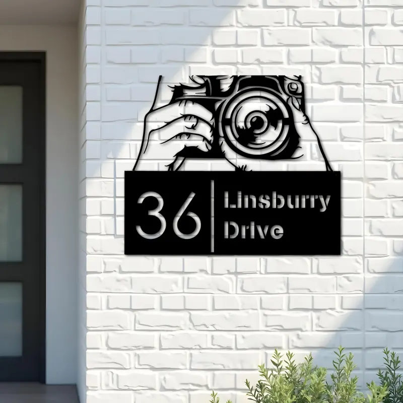 Custom Metal Hands holding camera photography Metal Address Sign, House number, Outdoor Number Signage, Yard Sign Address Plate