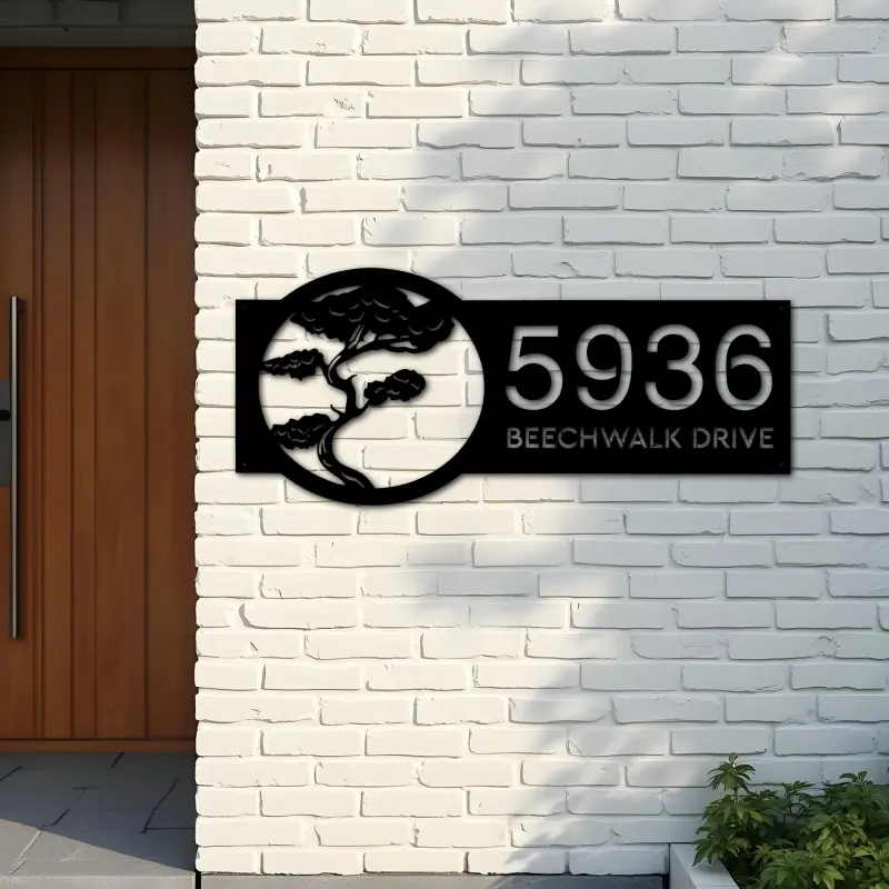 Custom Metal Bonsai tree Metal Address Sign, House number, Outdoor Number Signage, Yard Sign Address Plate