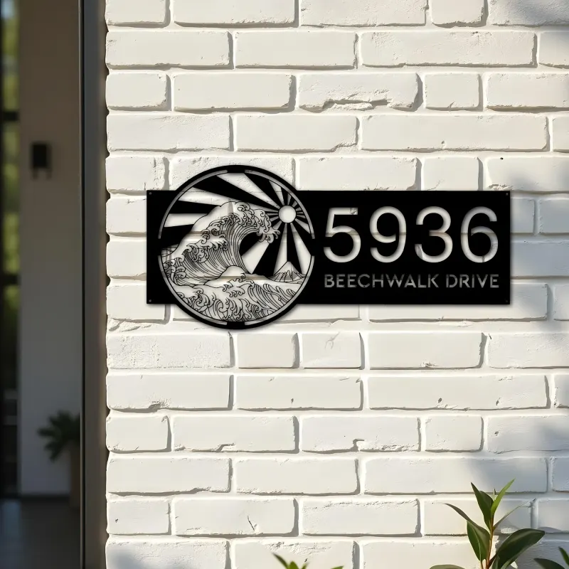 Custom Metal Japan Water Ocean Wave scene Metal Address Sign, House number, Outdoor Number Signage, Yard Sign Address Plate