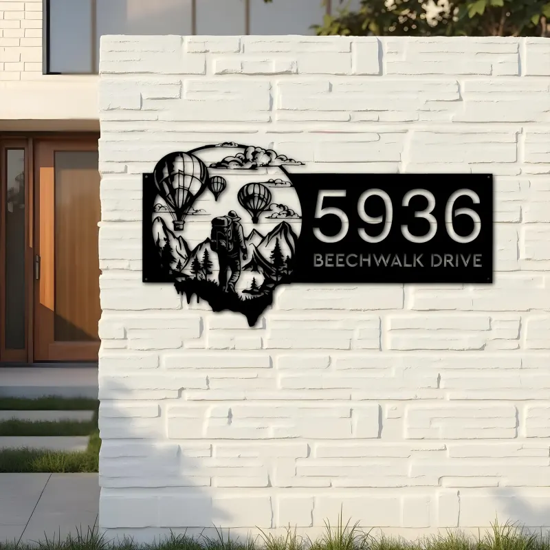 Custom Metal Hot Air Balloon Sky Adventure Travel Metal Address Sign, House number, Outdoor Number Signage, Yard Sign Address Plate