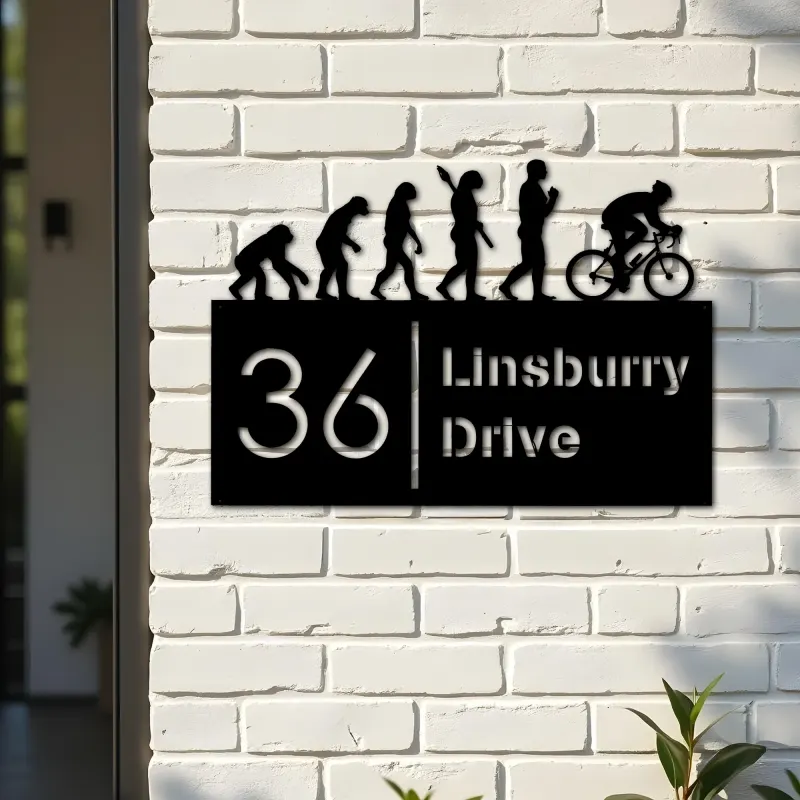 Custom Metal Cycling evolution Bicycle rider Metal Address Sign, House number, Outdoor Number Signage, Yard Sign Address Plate