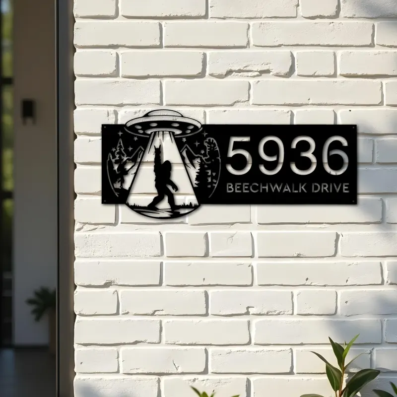 Custom Metal Bigfoot Sasquatch UFO Metal Address Sign, House number, Outdoor Number Signage, Yard Sign Address Plate