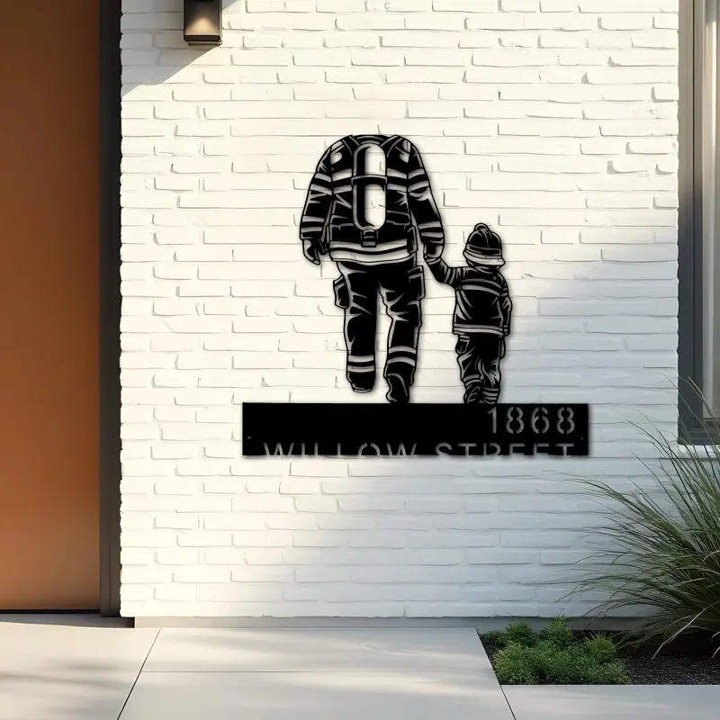 Custom Metal Firefighter father and son Fireman Metal Address Sign, House number, Outdoor Number Signage, Yard Sign Address Plate
