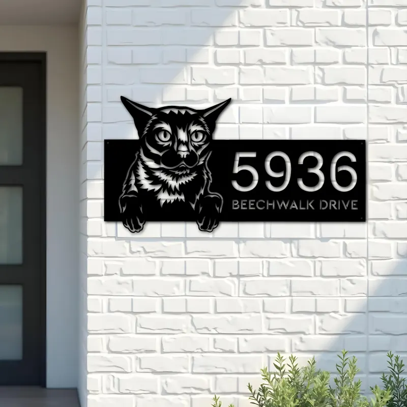 Custom Metal Burma Cute peeking cat kitten Metal Address Sign, House number, Outdoor Number Signage, Yard Sign Address Plate
