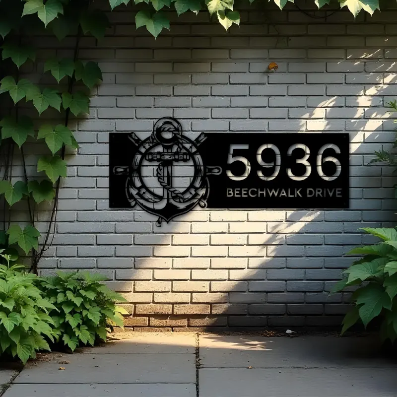 Custom Metal Anchor and ship rope with ship wheel Metal Address Sign, House number, Outdoor Number Signage, Yard Sign Address Plate