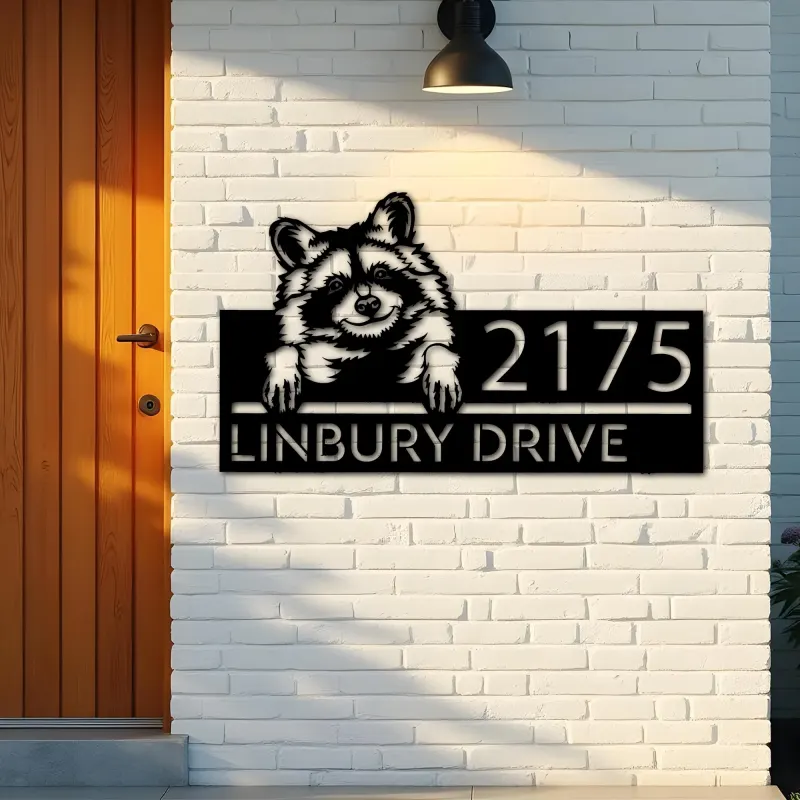 Custom Metal Peeking Raccoon Wild animal wildlife Metal Address Sign, House number, Outdoor Number Signage, Yard Sign Address Plate