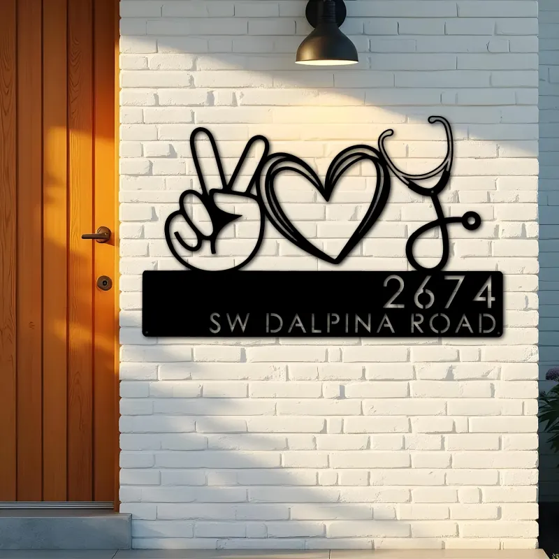 Custom Metal Peace love nursing Nurse Metal Address Sign, House number, Outdoor Number Signage, Yard Sign Address Plate