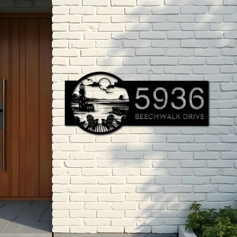 Custom Metal Lighthouse with Chairs Dock Metal Address Sign, House number, Outdoor Number Signage, Yard Sign Address Plate