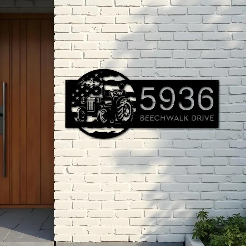 Custom Metal Farmer on tractor on US flag Metal Address Sign, House number, Outdoor Number Signage, Yard Sign Address Plate