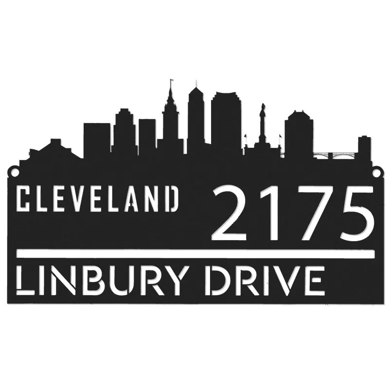 Custom Metal Cleveland city skyline Metal Address Sign Hanging Address Plaque house number Yard Outdoor Sign