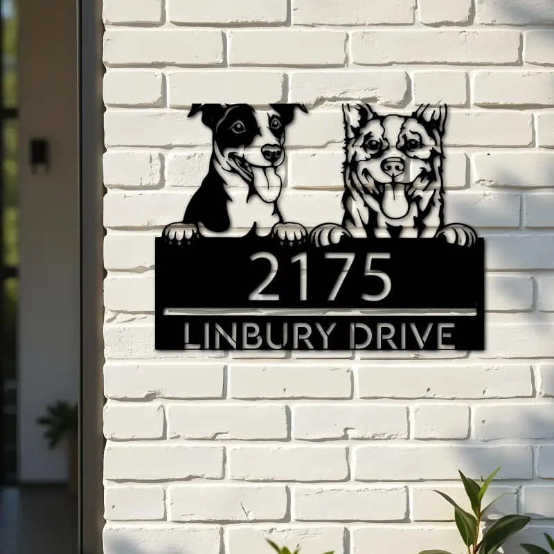 Custom Metal Red heeler and Jack russel terrier Metal Address Sign, House number, Outdoor Number Signage, Yard Sign Address Plate