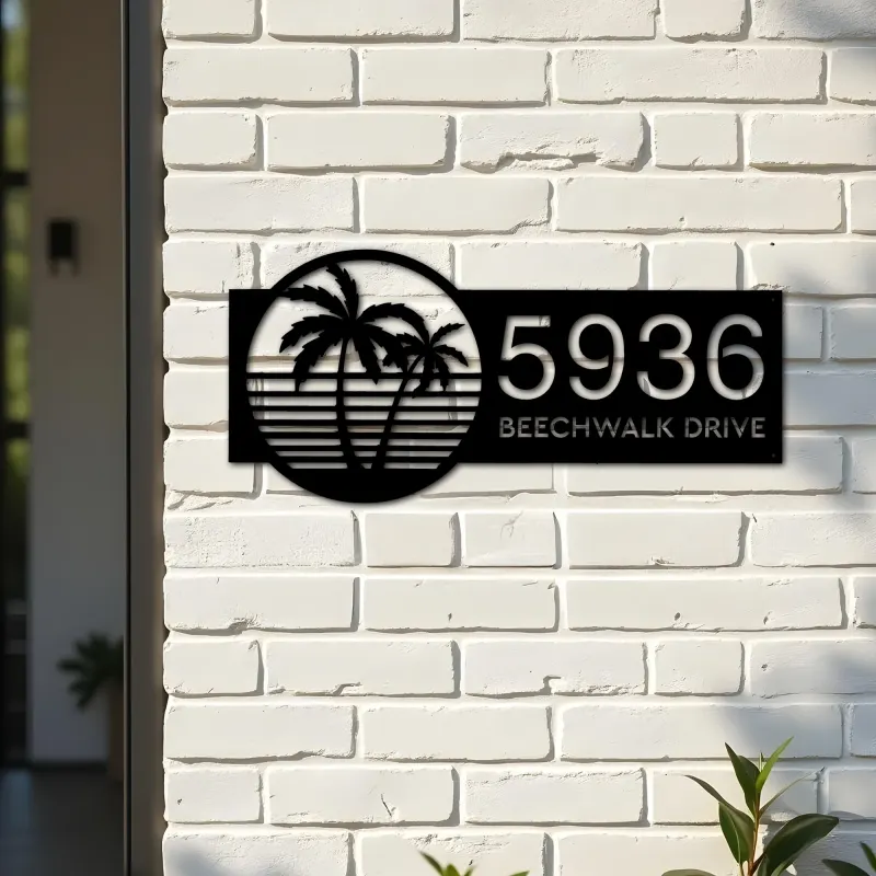 Custom Metal Palm tree sunset Metal Address Sign, House number, Outdoor Number Signage, Yard Sign Address Plate