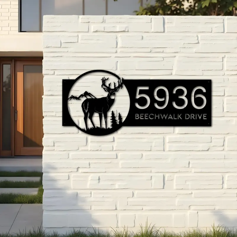 Custom Metal Deer buck mountain scene Metal Address Sign, House number, Outdoor Number Signage, Yard Sign Address Plate