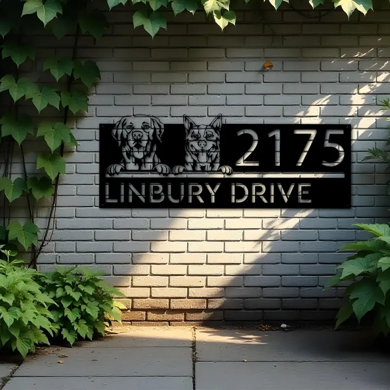 Custom Metal Red heeler and labrador dogs puppy Metal Address Sign House number Hanging Address Plaque Yard Sign Outdoor decor